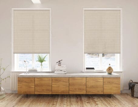 White -beige solar shades installed on two windows