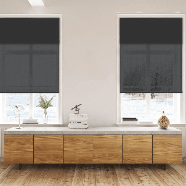 Double Roller Shades with black solar shades installed on two windows