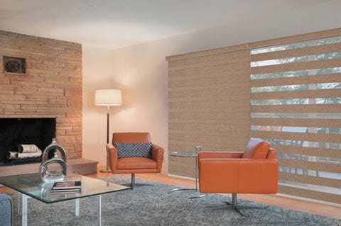 Brown zebra blinds marching the colors of the  living room