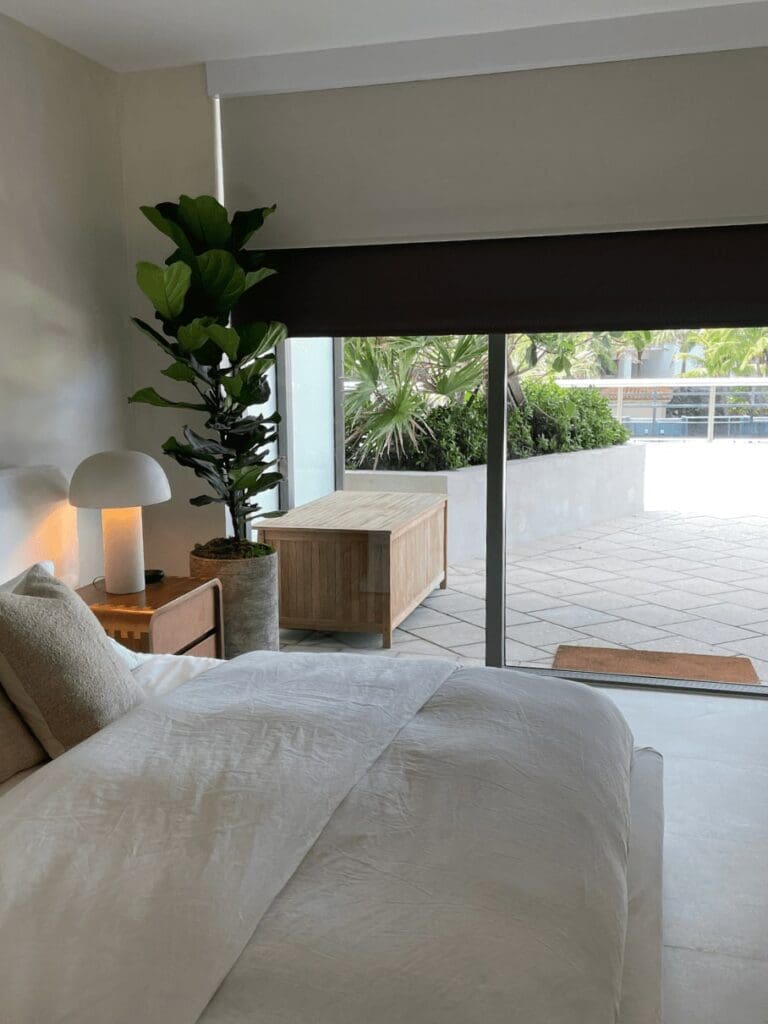 Solar and blackout double shades in master bedroom.