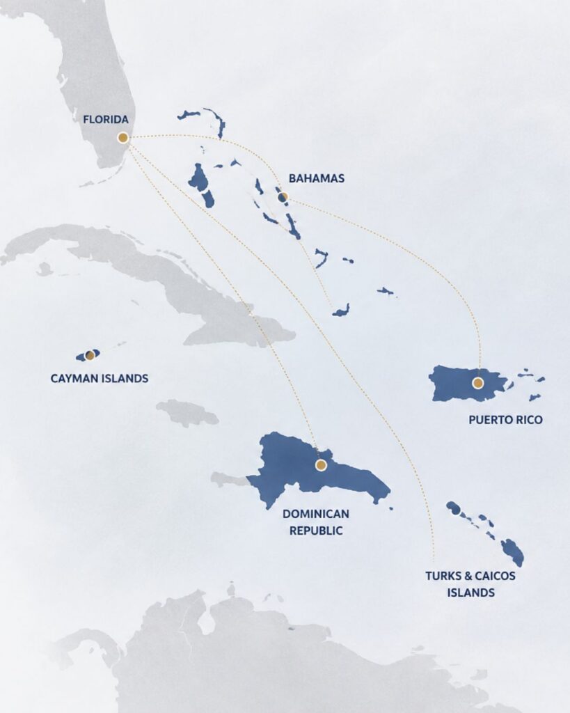 map of caribbean islands with highlighted the 5 islands where shademonster ships window shades